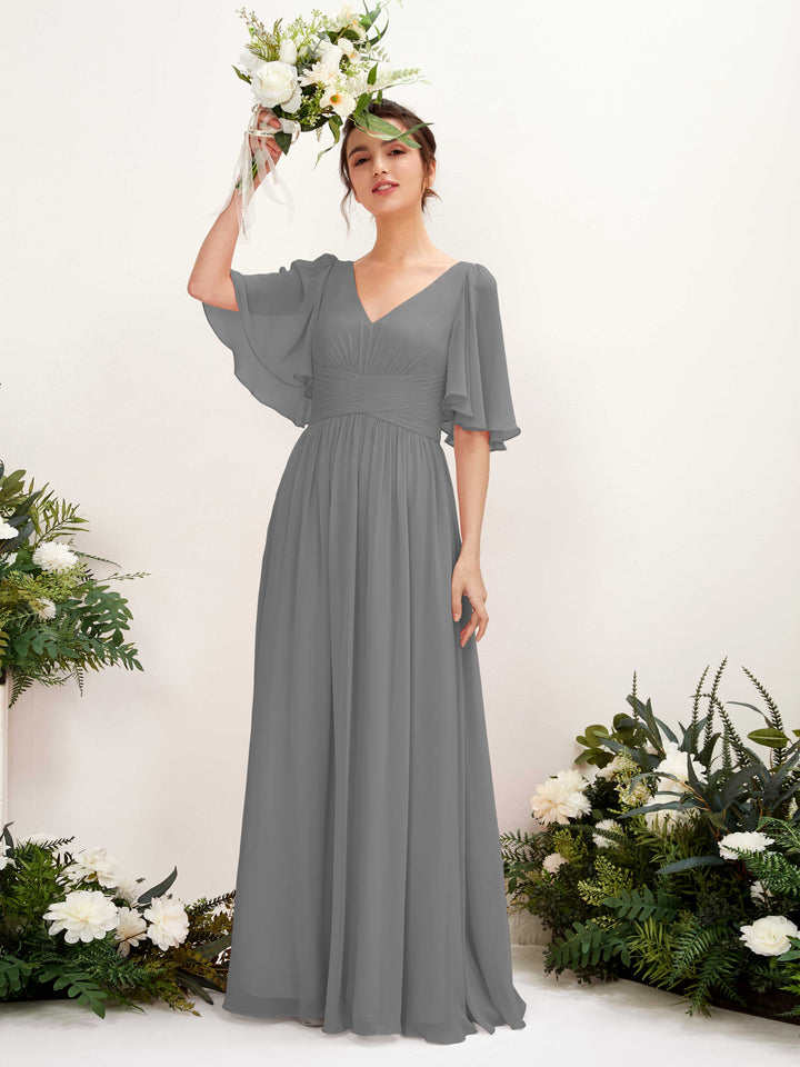 Steel Gray Bridesmaid Dresses Bridesmaid Dress A-line Chiffon V-neck Full Length 1/2 Sleeves Wedding Party Dress (81221620)