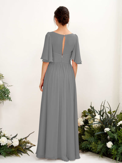 Carlyna Odette A-Line Steel Gray Bridesmaid Dress Maxi Short Sleeve V-Neck Dress Back View #color_steel-gray