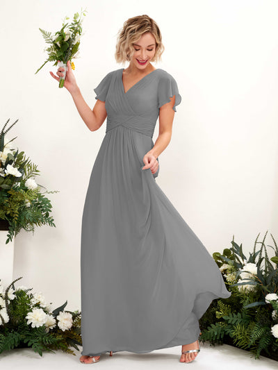 Steel Gray Bridesmaid Dresses Bridesmaid Dress A-line Chiffon V-neck Full Length Short Sleeves Wedding Party Dress (81224320)#color_steel-gray