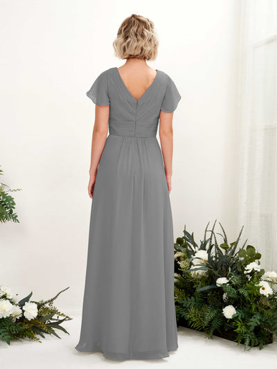 Carlyna Tolly A-Line Steel Gray Bridesmaid Dress Maxi Cap Sleeve V-Neck Dress Back View #color_steel-gray