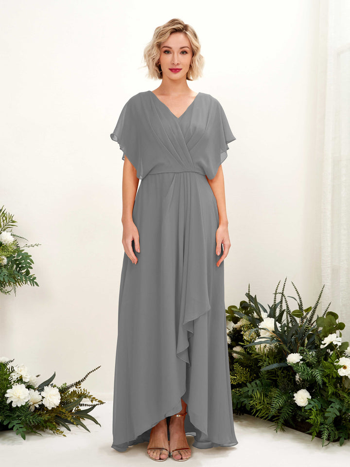 Steel Gray Bridesmaid Dresses Bridesmaid Dress A-line Chiffon V-neck Full Length Short Sleeves Wedding Party Dress (81222120)