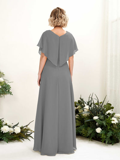 Carlyna Soleil A-Line Steel Gray Bridesmaid Dress Maxi Short Sleeve V-Neck Dress Back View #color_steel-gray
