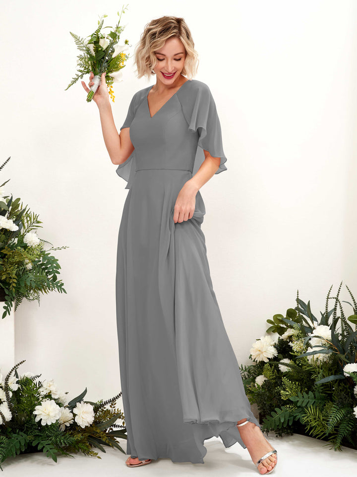 Steel Gray Bridesmaid Dresses Bridesmaid Dress A-line Chiffon V-neck Full Length Short Sleeves Wedding Party Dress (81224420)