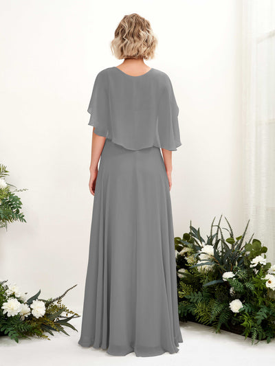 Carlyna Winnie A-Line Steel Gray Bridesmaid Dress Maxi Short Sleeve V-Neck Dress Back View #color_steel-gray