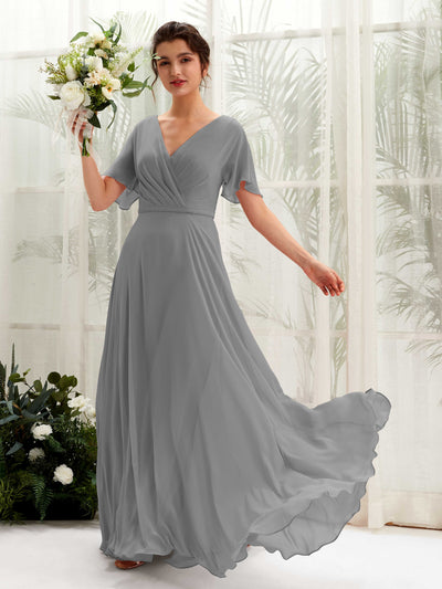 Steel Gray Bridesmaid Dresses Bridesmaid Dress A-line Chiffon V-neck Full Length Short Sleeves Wedding Party Dress (81224620)#color_steel-gray