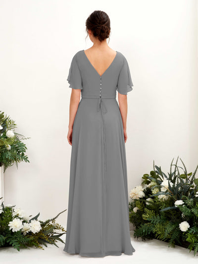 Carlyna Daphne A-Line Steel Gray Bridesmaid Dress Maxi Short Sleeve V-Neck Dress Back View #color_steel-gray
