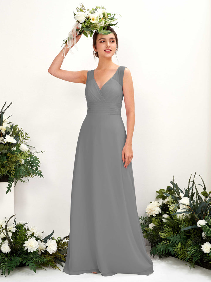 Steel Gray Bridesmaid Dresses Bridesmaid Dress A-line Chiffon Straps Full Length Sleeveless Wedding Party Dress (81220920)