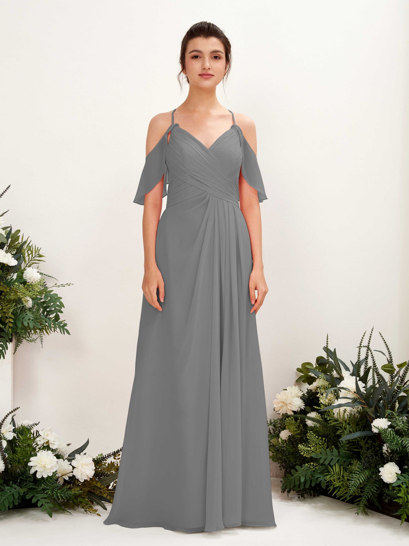Ball Gown Off Shoulder Spaghetti-straps Chiffon Bridesmaid Dress - Steel Gray (81221720)#color_steel-gray