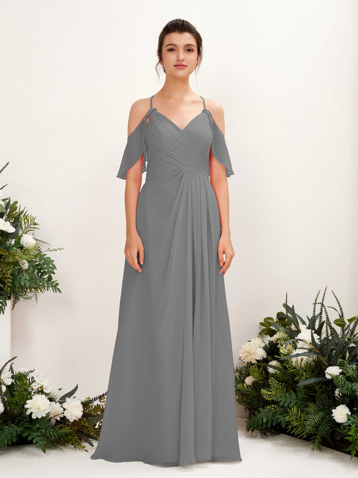 Ball Gown Off Shoulder Spaghetti-straps Chiffon Bridesmaid Dress - Steel Gray (81221720)