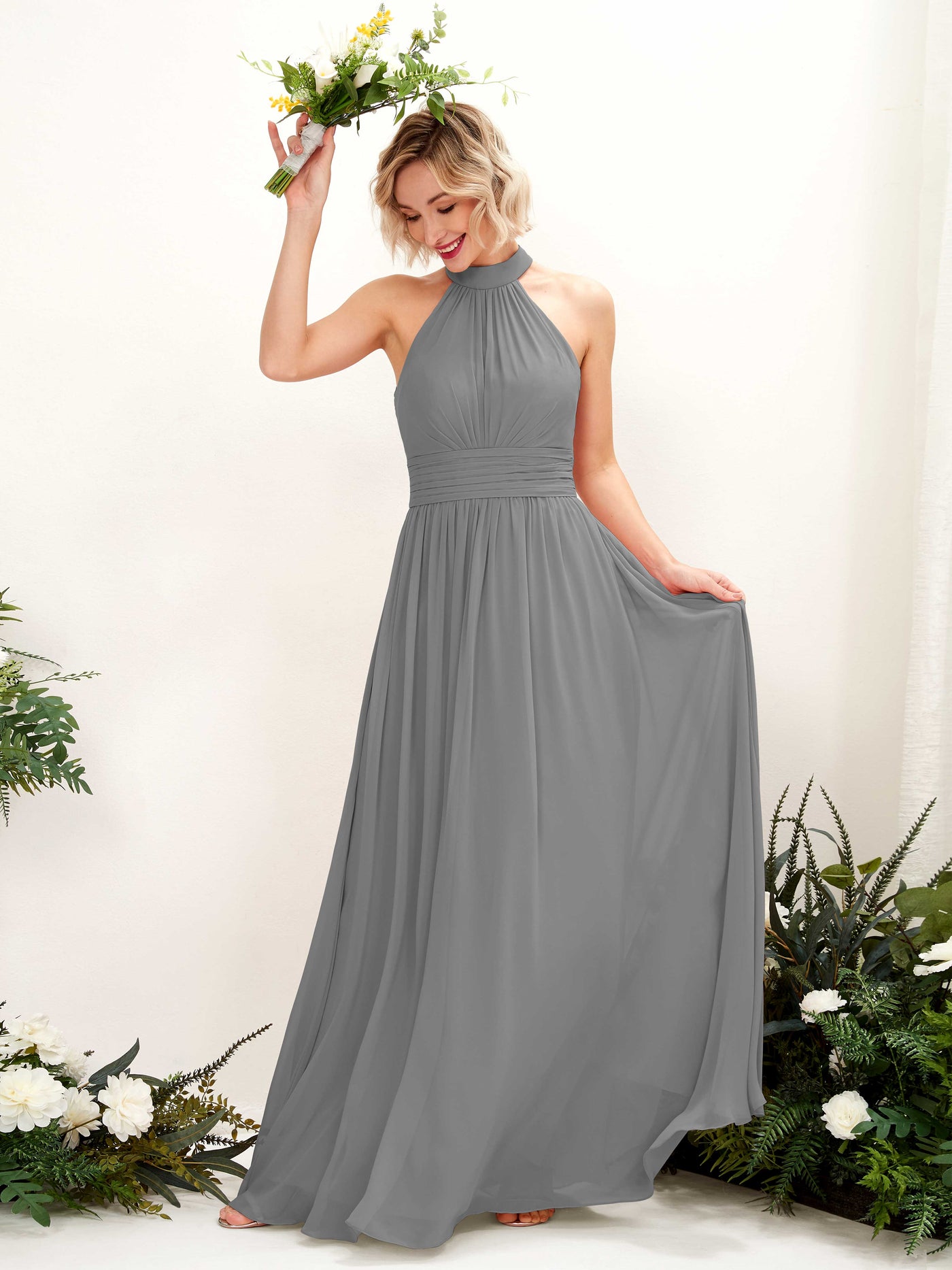 Steel Gray Bridesmaid Dresses Bridesmaid Dress A-line Chiffon Halter Full Length Sleeveless Wedding Party Dress (81225320)#color_steel-gray