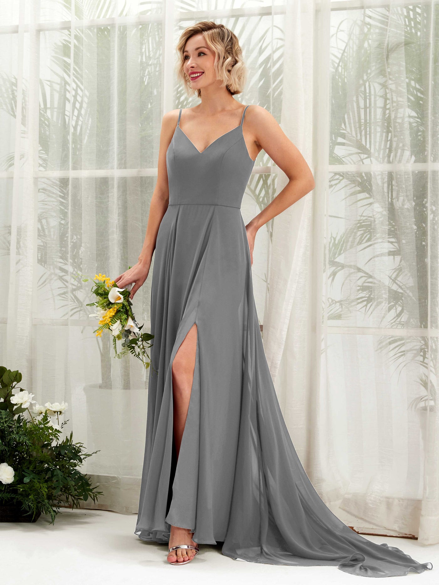 Steel Gray Bridesmaid Dresses Bridesmaid Dress A-line Chiffon V-neck Full Length Sleeveless Wedding Party Dress (81224120)#color_steel-gray