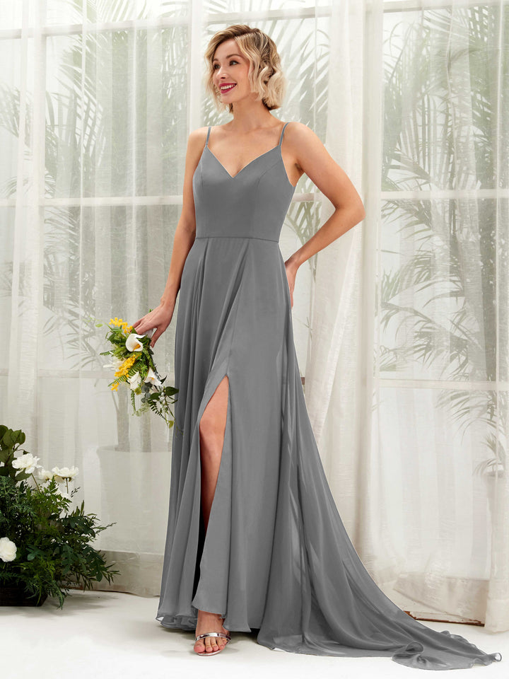 Steel Gray Bridesmaid Dresses Bridesmaid Dress A-line Chiffon V-neck Full Length Sleeveless Wedding Party Dress (81224120)