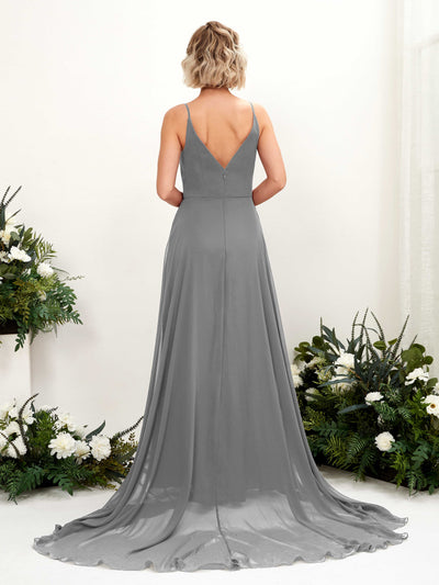 Carlyna Mana A-Line Steel Gray Bridesmaid Dress Maxi Sleeveless V-Neck Dress Back View #color_steel-gray