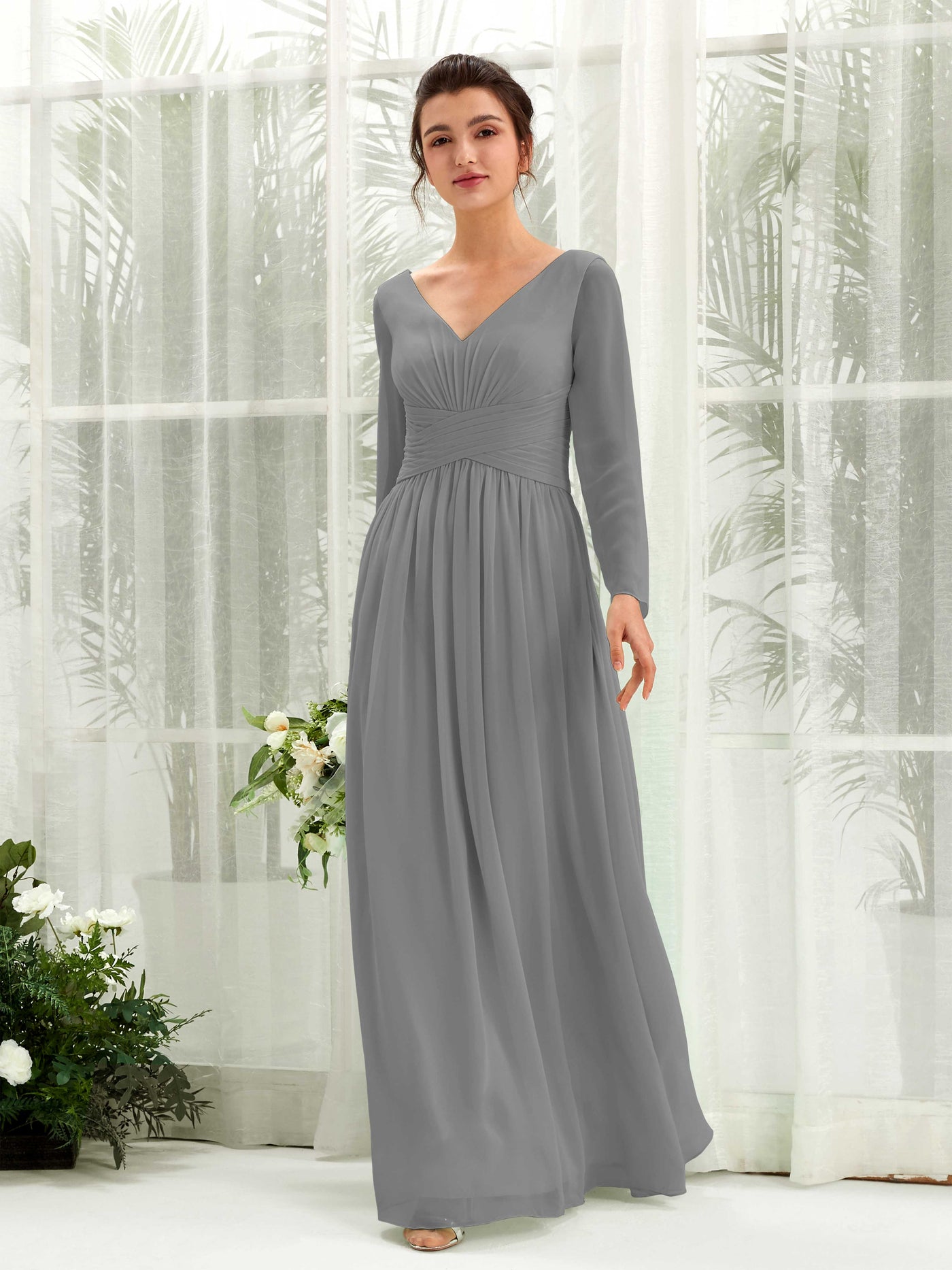 Steel Gray Bridesmaid Dresses Bridesmaid Dress A-line Chiffon V-neck Full Length Long Sleeves Wedding Party Dress (81220320)#color_steel-gray