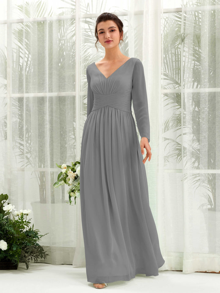 Steel Gray Bridesmaid Dresses Bridesmaid Dress A-line Chiffon V-neck Full Length Long Sleeves Wedding Party Dress (81220320)