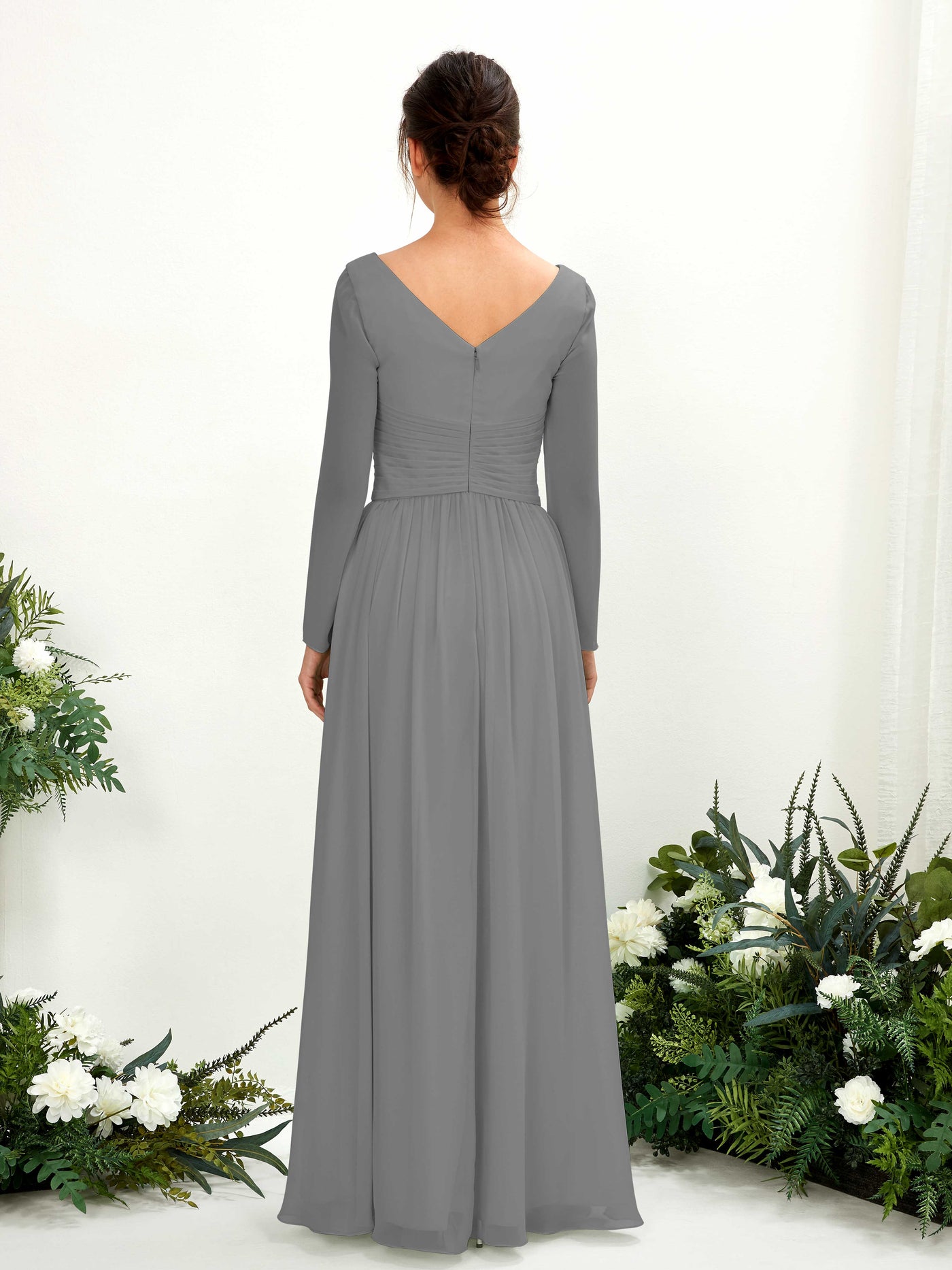 Steel Gray Bridesmaid Dresses Bridesmaid Dress A-line Chiffon V-neck Full Length Long Sleeves Wedding Party Dress (81220320)#color_steel-gray