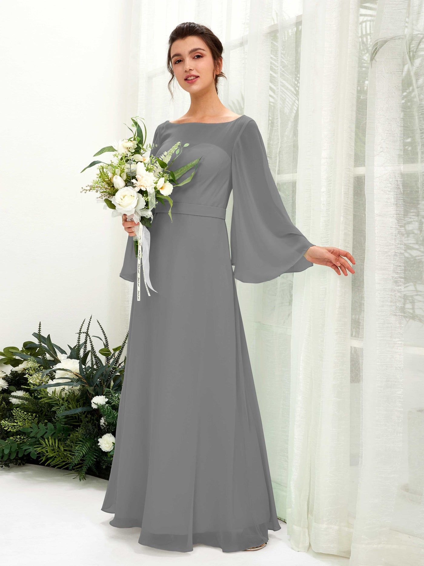 Steel Gray Bridesmaid Dresses Bridesmaid Dress A-line Chiffon Bateau Full Length Long Sleeves Wedding Party Dress (81220520)#color_steel-gray