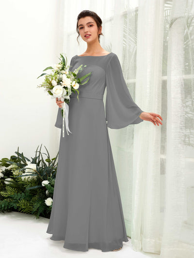 Steel Gray Bridesmaid Dresses Bridesmaid Dress A-line Chiffon Bateau Full Length Long Sleeves Wedding Party Dress (81220520)#color_steel-gray