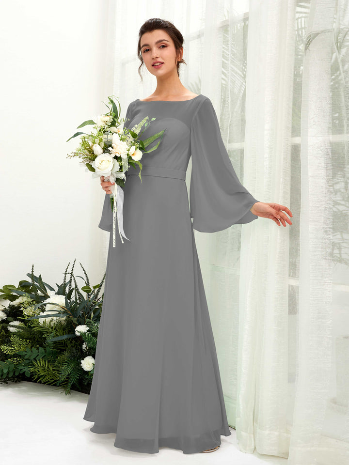 Steel Gray Bridesmaid Dresses Bridesmaid Dress A-line Chiffon Bateau Full Length Long Sleeves Wedding Party Dress (81220520)