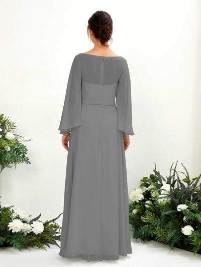 Carlyna Elie A-Line Steel Gray Bridesmaid Dress Maxi Long Sleeve Boat Neck Back View #color_steel-gray