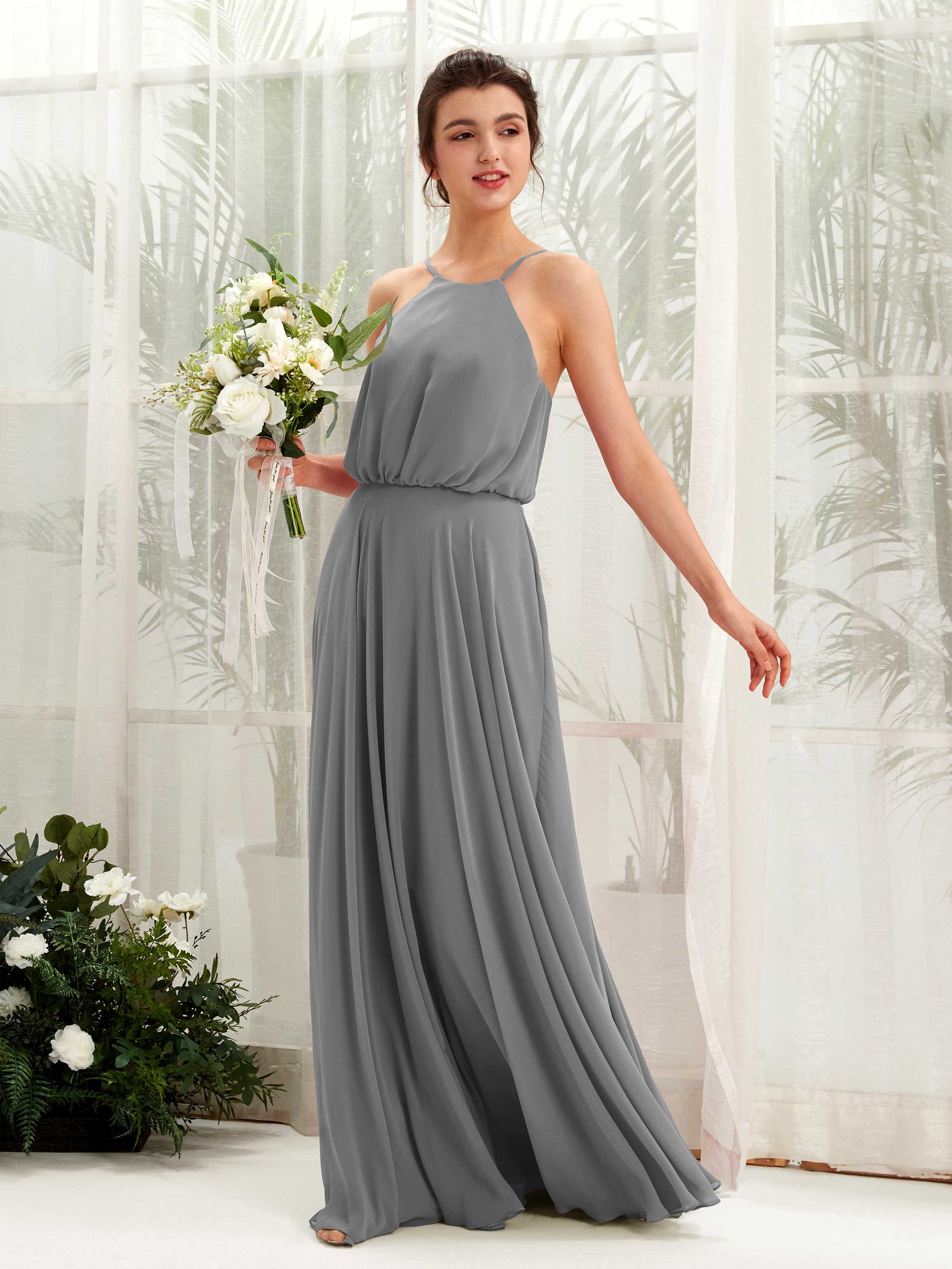 Steel Gray Bridesmaid Dresses Bridesmaid Dress Ball Gown Chiffon Halter Full Length Sleeveless Wedding Party Dress (81223420)#color_steel-gray