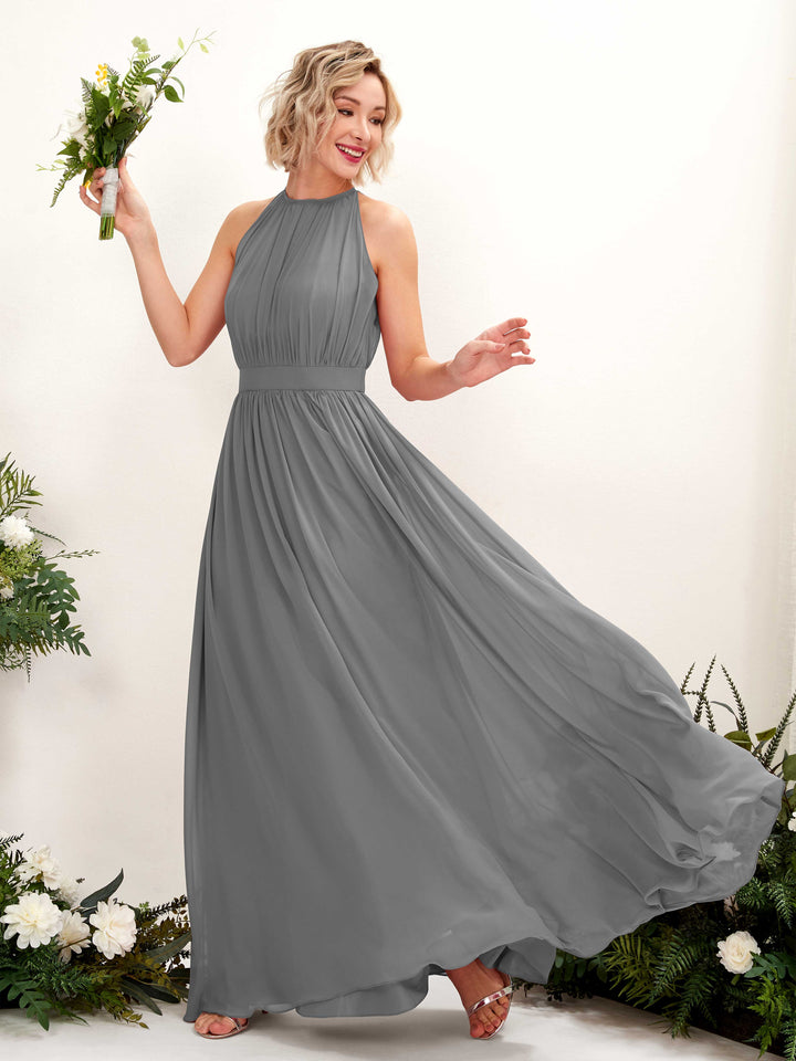 Steel Gray Bridesmaid Dresses Bridesmaid Dress A-line Chiffon Halter Full Length Sleeveless Wedding Party Dress (81223120)