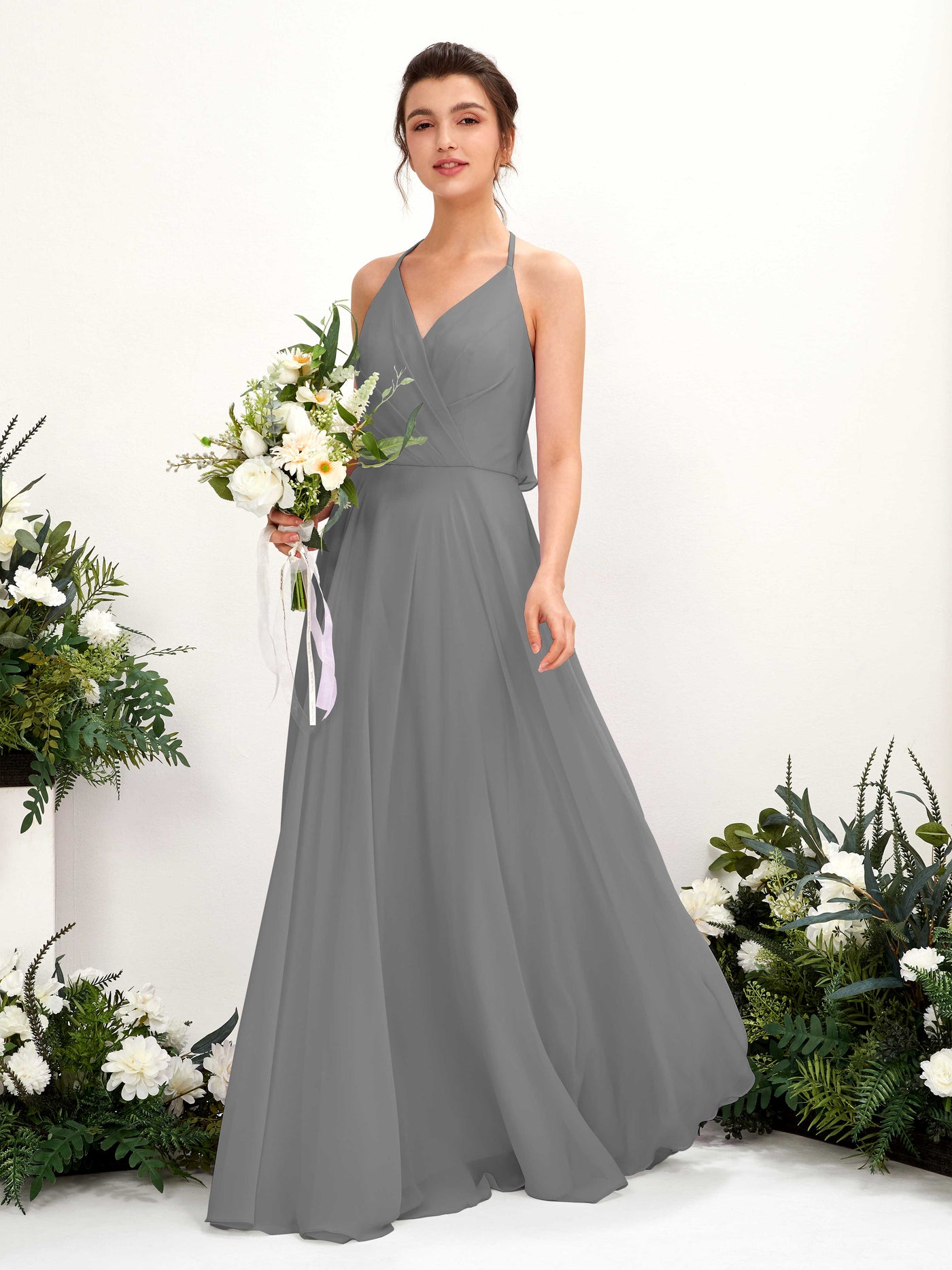 Halter V-neck Sleeveless Chiffon Bridesmaid Dress - Steel Gray (81221020)#color_steel-gray