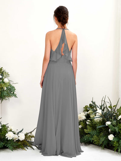 Carlyna Launo A-Line Steel Gray Bridesmaid Dress Maxi Sleeveless V-Neck Dress Back View #color_steel-gray