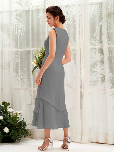 Carlyna Raina Mermaid Steel Gray Bridesmaid Dress Midi Sleeveless Round Neck Dress Back View #color_steel-gray