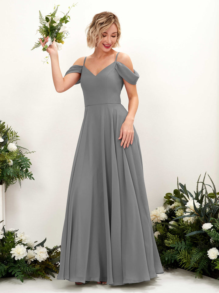 Steel Gray Bridesmaid Dresses Bridesmaid Dress A-line Chiffon Off Shoulder Full Length Sleeveless Wedding Party Dress (81224920)