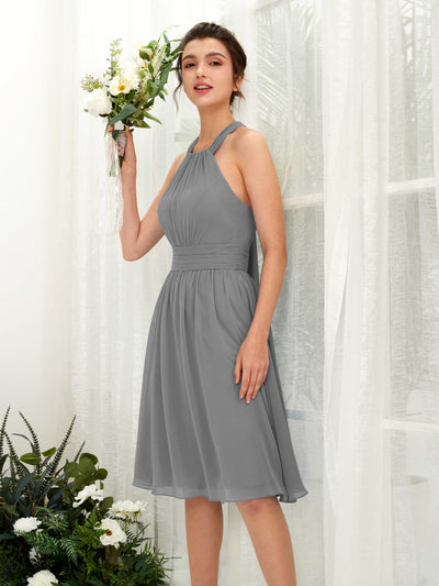 Carlyna Yvonne A-Line Steel Gray Bridesmaid Dress Knee-Length Sleeveless Round Neck Dress Front View #color_steel-gray