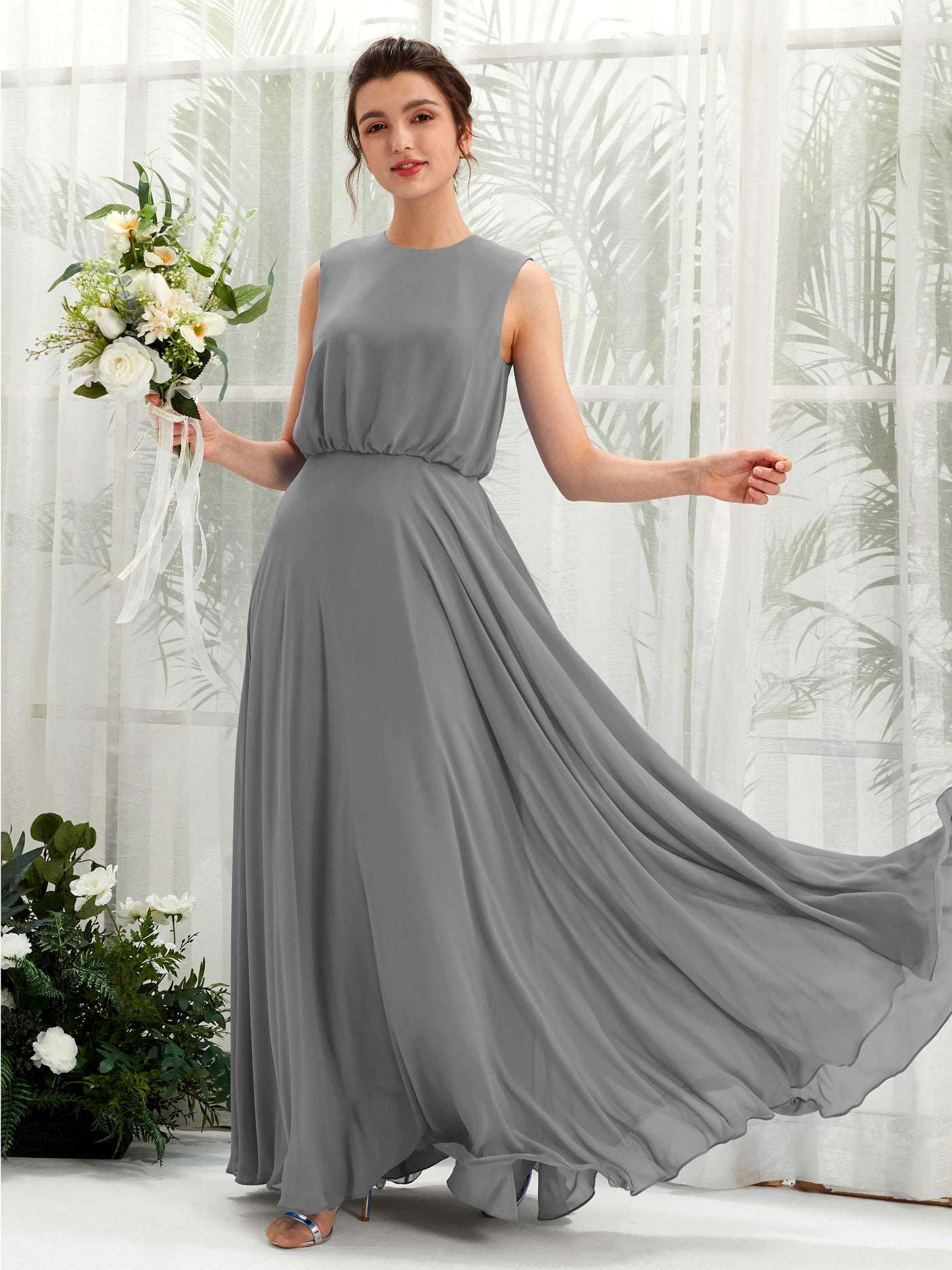 Steel Gray Bridesmaid Dresses Bridesmaid Dress A-line Chiffon Round Full Length Sleeveless Wedding Party Dress (81222820)#color_steel-gray