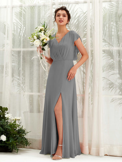 Carlyna Annie A-Line Steel Gray Bridesmaid Dress Maxi Cap Sleeve V-Neck Dress Front View #color_steel-gray