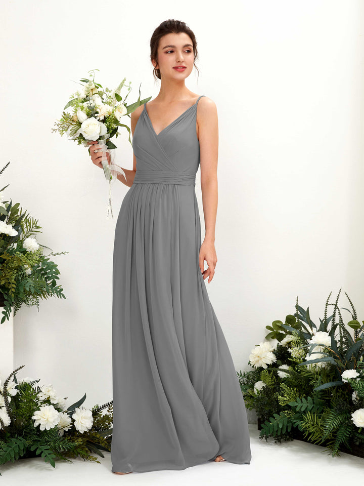 Steel Gray Bridesmaid Dresses Bridesmaid Dress A-line Chiffon Spaghetti-straps Full Length Sleeveless Wedding Party Dress (81223920)
