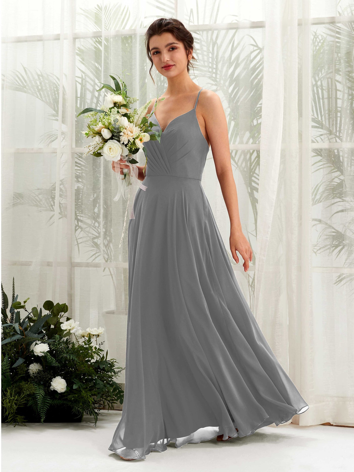Steel Gray Bridesmaid Dresses Bridesmaid Dress Chiffon Spaghetti-straps Full Length Sleeveless Wedding Party Dress (81224220)#color_steel-gray