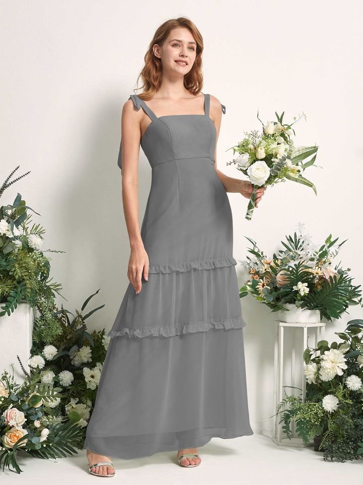 Bridesmaid Dress Chiffon Straps Full Length Sleeveless Wedding Party Dress - Steel Gray (81227520)