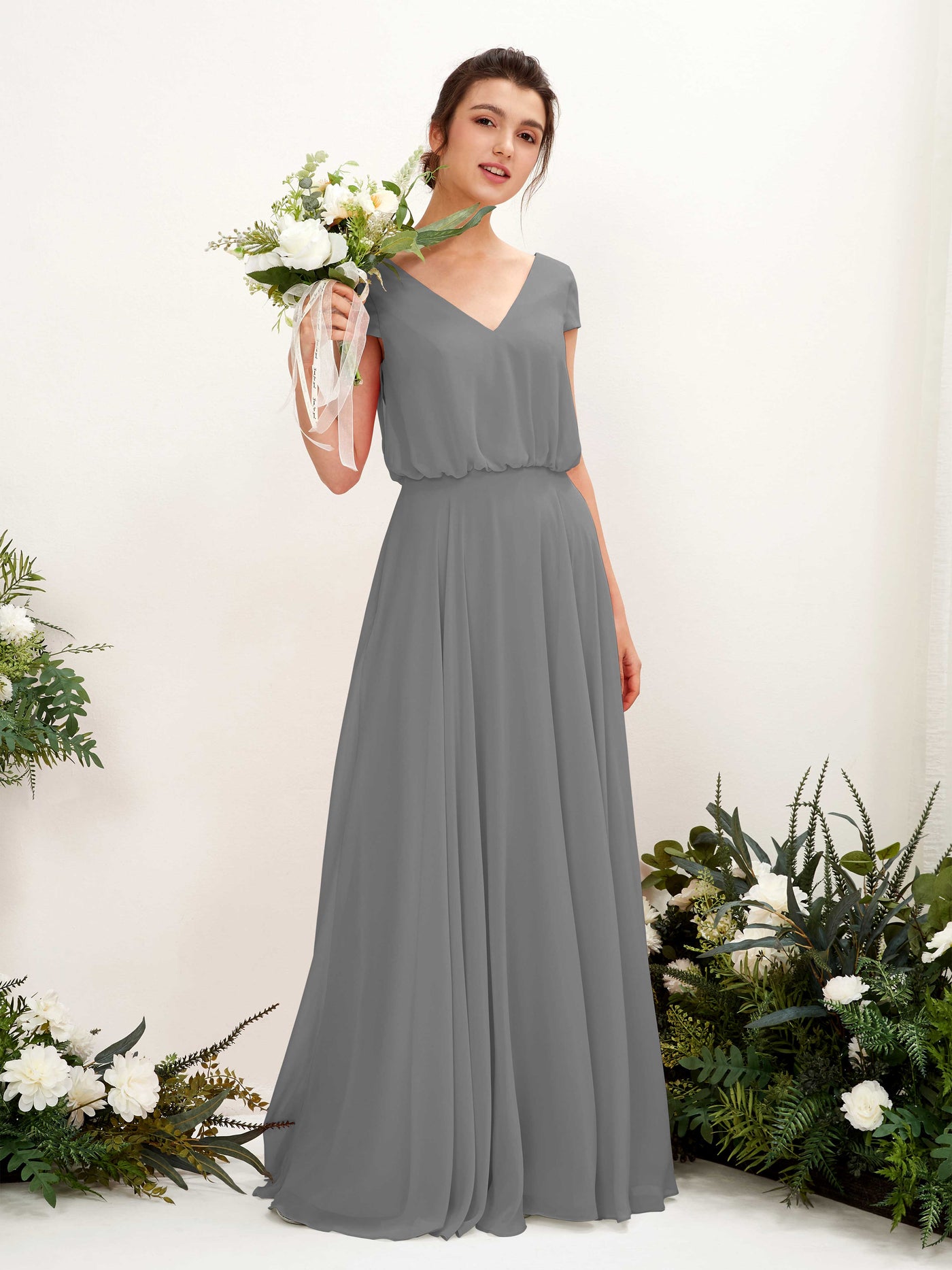 Steel Gray Bridesmaid Dresses Bridesmaid Dress A-line Chiffon V-neck Full Length Short Sleeves Wedding Party Dress (81221820)#color_steel-gray