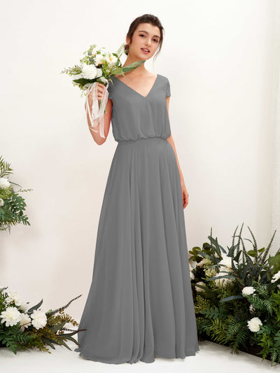 Carlyna Pauline A-Line Steel Gray Bridesmaid Dress Maxi Cap Sleeve V-Neck Dress Front View #color_steel-gray
