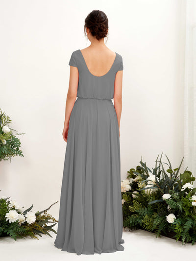 Carlyna Pauline A-Line Steel Gray Bridesmaid Dress Maxi Cap Sleeve V-Neck Dress Back View #color_steel-gray