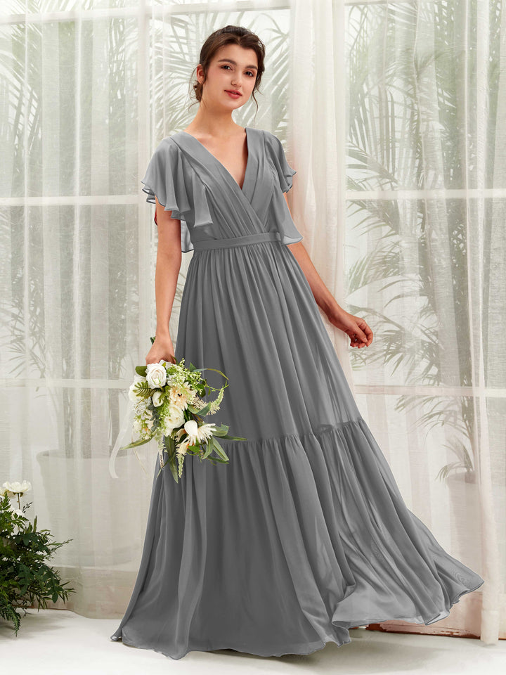 Steel Gray Bridesmaid Dresses Bridesmaid Dress A-line Chiffon V-neck Full Length Short Sleeves Wedding Party Dress (81225920)