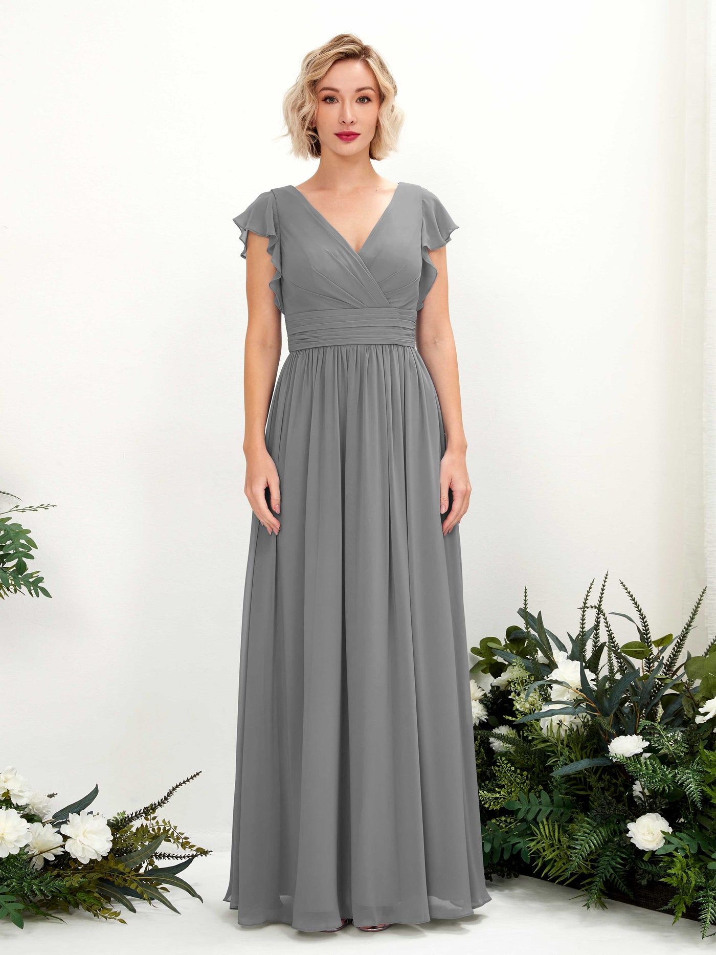 Steel Gray Bridesmaid Dresses Bridesmaid Dress A-line Chiffon V-neck Full Length Short Sleeves Wedding Party Dress (81222720)#color_steel-gray