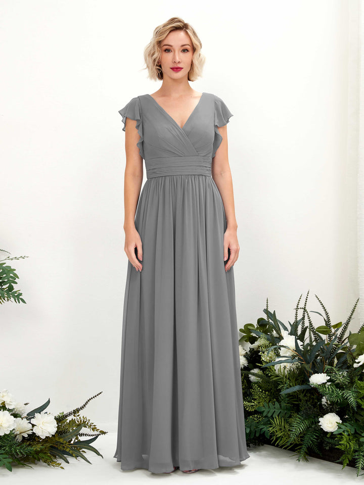 Steel Gray Bridesmaid Dresses Bridesmaid Dress A-line Chiffon V-neck Full Length Short Sleeves Wedding Party Dress (81222720)