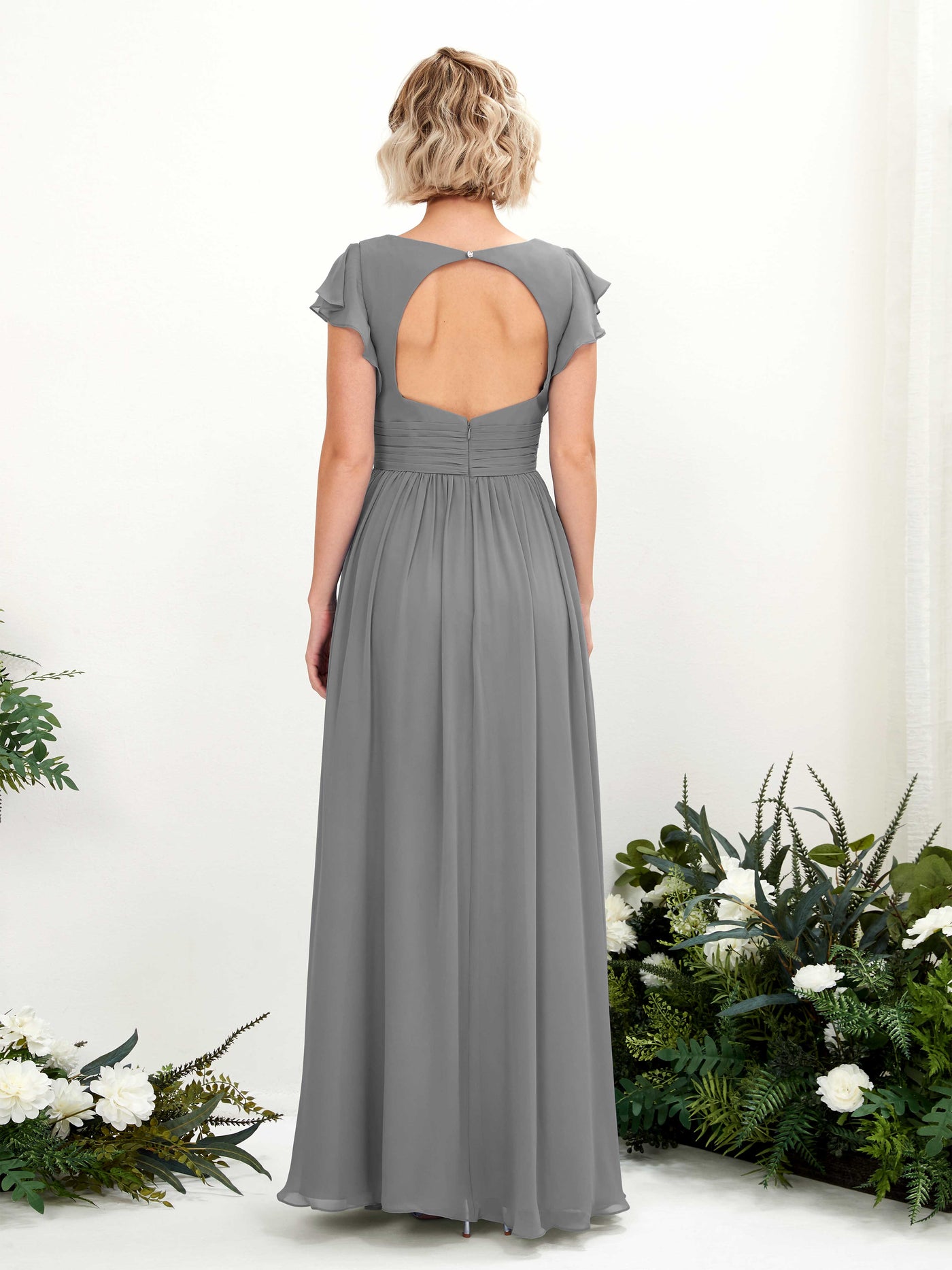 Steel Gray Bridesmaid Dresses Bridesmaid Dress A-line Chiffon V-neck Full Length Short Sleeves Wedding Party Dress (81222720)#color_steel-gray