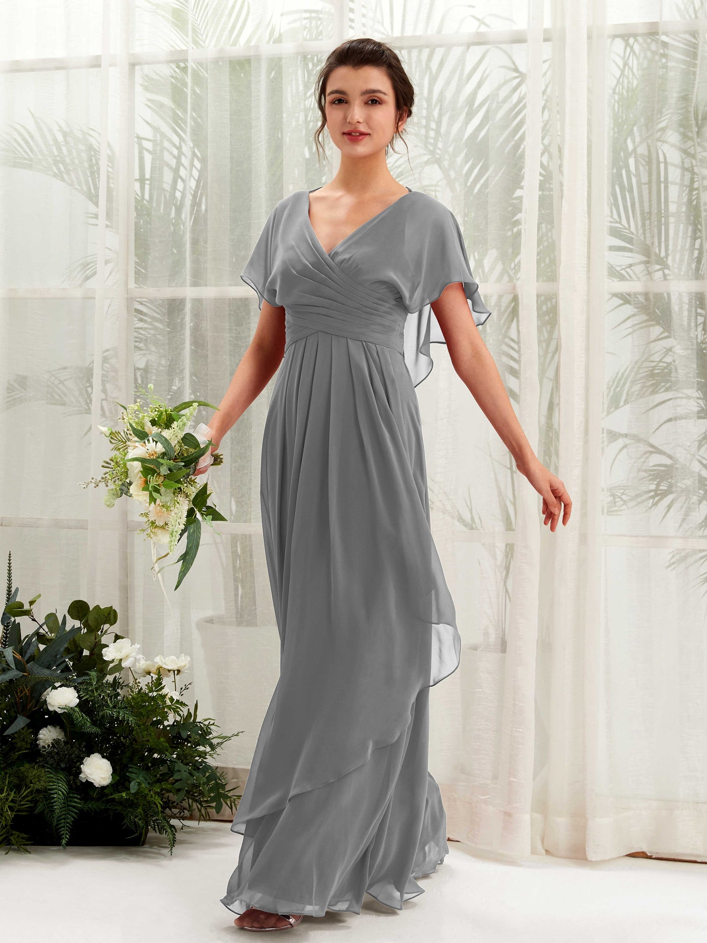 Open back V-neck Short Sleeves Chiffon Bridesmaid Dress - Steel Gray (81226120)#color_steel-gray