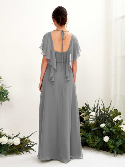 Carlyna Darlene A-Line Steel Gray Bridesmaid Dress Maxi Short Sleeve V-Neck Dress Back View #color_steel-gray