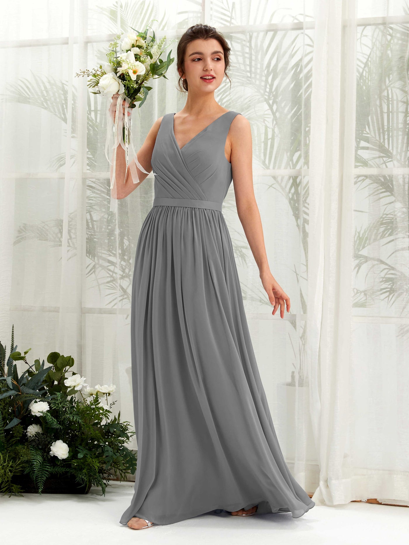Steel Gray Bridesmaid Dresses Bridesmaid Dress A-line Chiffon V-neck Full Length Sleeveless Wedding Party Dress (81223620)#color_steel-gray