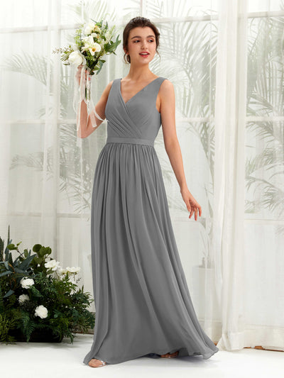 Carlyna Barbara A-Line Steel Gray Bridesmaid Dress Maxi Sleeveless V-Neck Dress Front View #color_steel-gray