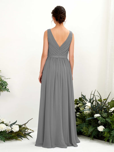 Carlyna Barbara A-Line Steel Gray Bridesmaid Dress Maxi Sleeveless V-Neck Dress Back View #color_steel-gray