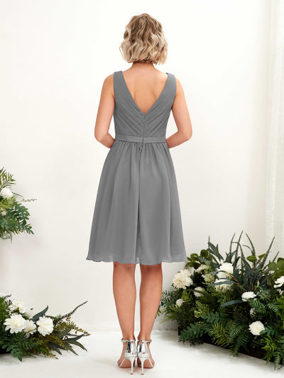 Carlyna Natasha A-Line Steel Gray Bridesmaid Dress Knee-Length Sleeveless V-Neck Dress Back View #color_steel-gray