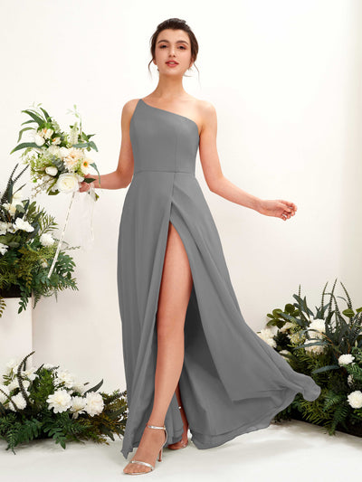 Steel Gray Bridesmaid Dresses Bridesmaid Dress A-line Chiffon One Shoulder Full Length Sleeveless Wedding Party Dress (81225720)#color_steel-gray